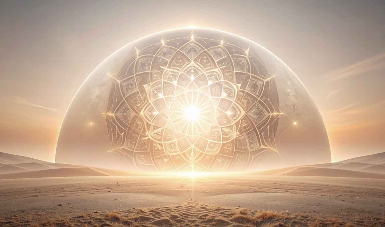 glowing golden radial aura on horizon with filigree