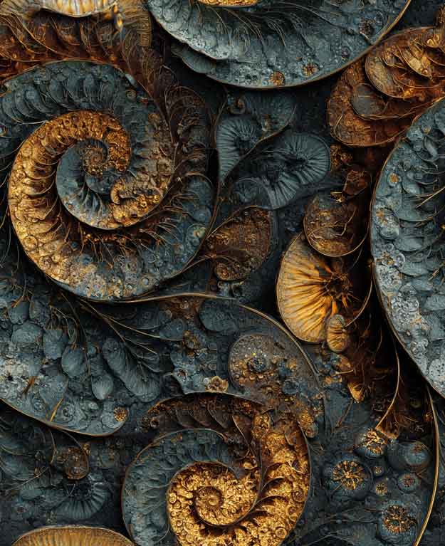 fractal fossil swirl in graphite and gold